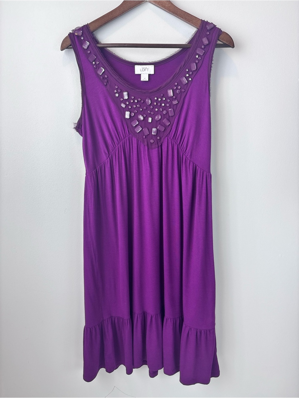 LOFT Purple Embellished Sleeveless Tiered Dress | Size M